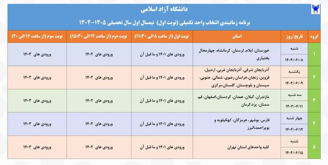 برنامه زمانبندی تکمیلی انتخاب واحد دانشگاه آزاد اعلام شد