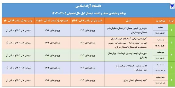 اعلام برنامه زمانبندی حذف و اضافه نیمسال اول سال تحصیلی دانشگاه آزاد