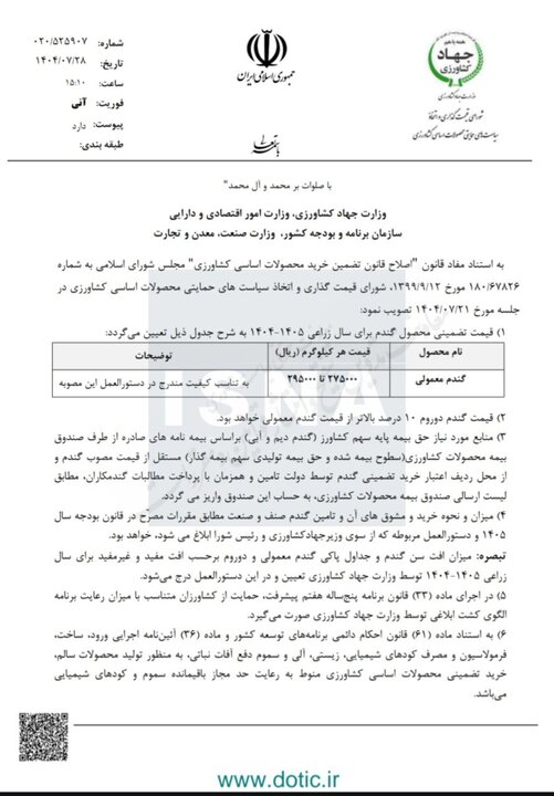 نرخ خرید تضمینی گندم اعلام شد