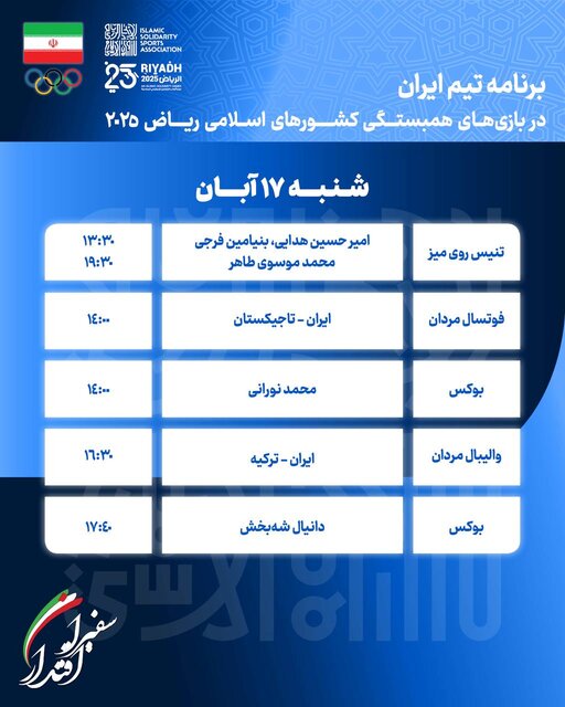 برنامه مسابقات ورزشکاران ایران در روز نخست بازی‌های کشورهای اسلامی