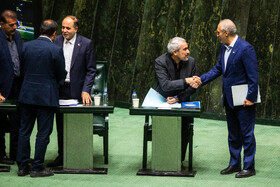 سیدعلی مدنی‌زاده، وزیر امور اقتصادی و دارایی، غلامرضا نوری قزلجه، وزیر جهاد کشاورزی در صحن علنی مجلس - ۲۰ آبان