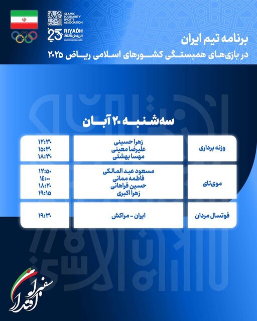 برنامه ورزشکاران ایران در چهارمین روز بازیهای کشورهای اسلامی