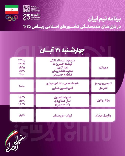 برنامه روز پنجم ورزشکاران ایران در بازی‌های کشورهای اسلامی