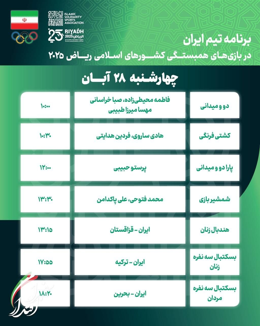 برنامه ورزشکاران ایران در دوازدهمین روز بازیهای کشورهای اسلامی ریاض