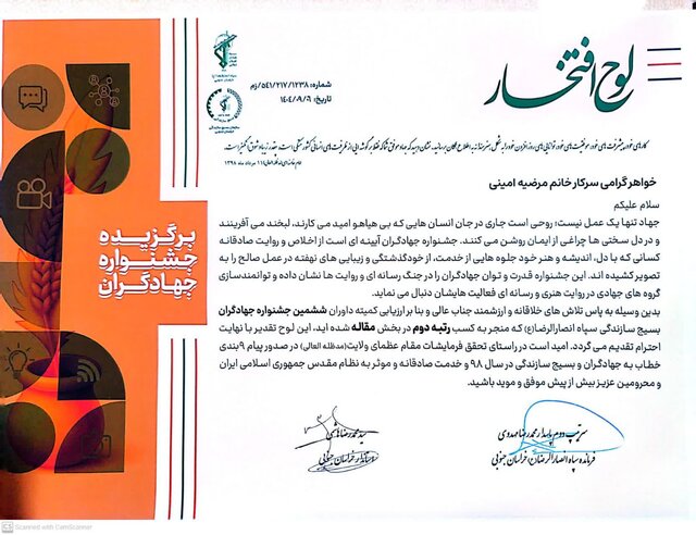 کسب رتبه دوم جهادگر جهاددانشگاهی خراسان جنوبی در ششمین جشنواره جهادگران بسیج سازندگی انصار الرضا(ع) استان