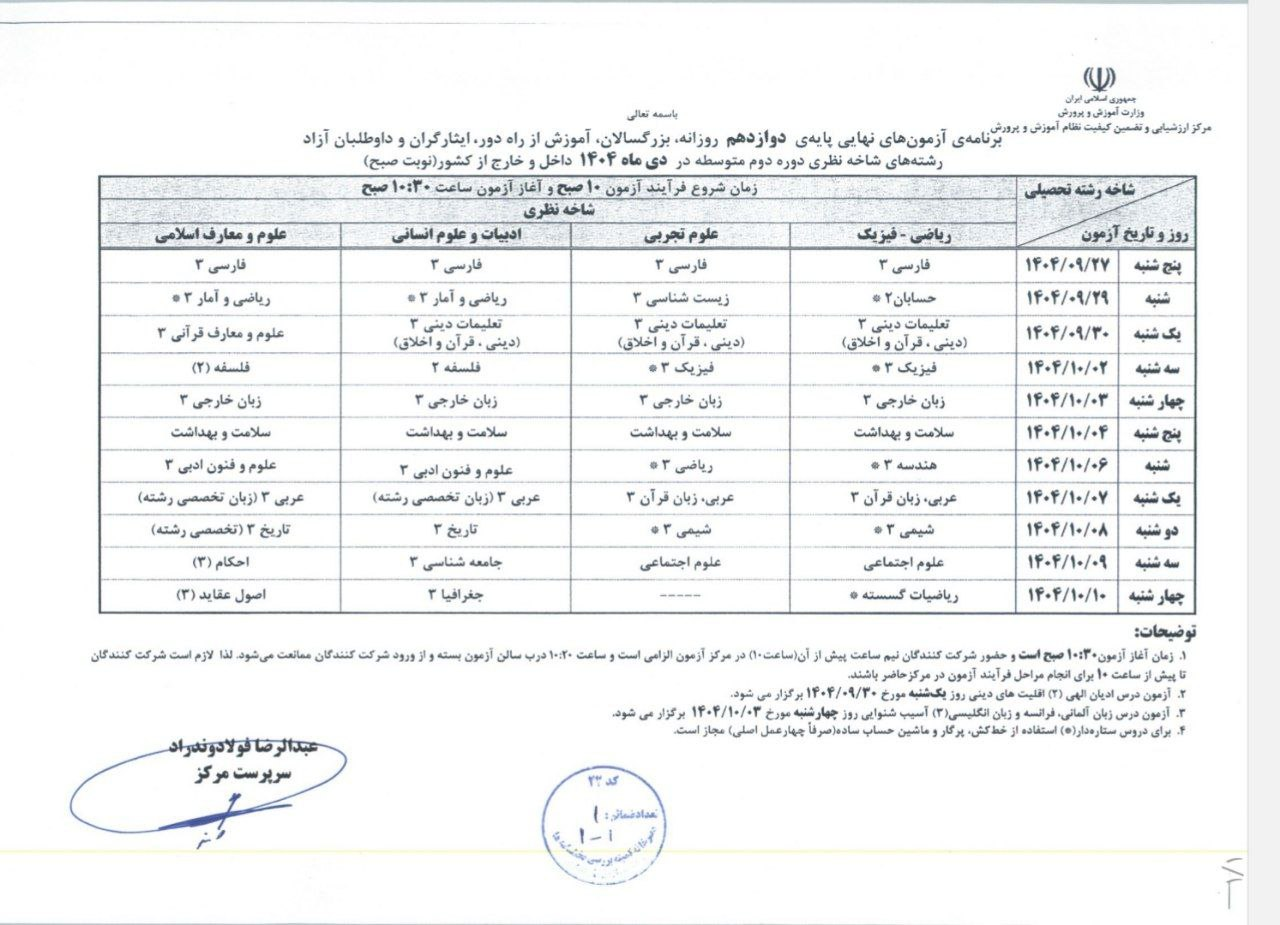 برنامه امتحانات نهایی دوازدهمیها اعلام شد