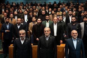 محسن حاجی میرزایی، رئیس دفتر رئیس جمهور، مسعود پزشکیان، رییس جمهور و عباسعلی کدخدایی، عضو شورای نگهبان و عضو مجمع تشخیص مصلحت نظام در همایش بین المللی حقوق ملت و آزادی های مشروع