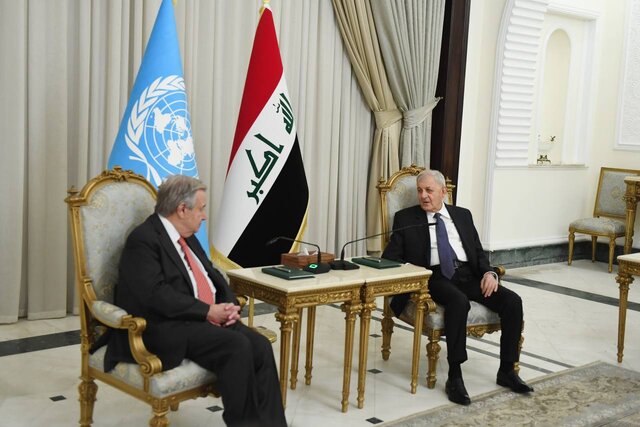دیدار رئیس‌جمهور عراق و دبیرکل سازمان ملل در بغداد