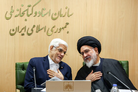 محمدرضا عارف، معاون اول رییس جمهور و آیت الله محقق داماد، عضو هیات امنای سازمان اسناد و کتابخانه ملی در جلسه این سازمان