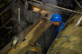 یکی از کارگران کارخانه قند اصفهان مشغول نظارت بر شکر مایع است.