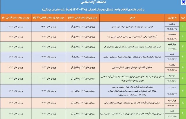 اعلام جزئیات برنامه زمانبندی انتخاب واحد نیمسال دوم تحصیلی دانشگاه آزاد