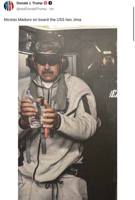 ترامپ تصویری از مادورو در حال انتقال به آمریکا را منتشر کرد