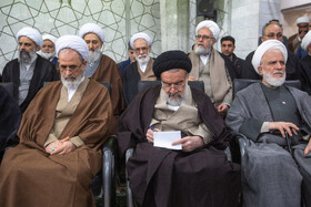 حضور آیت الله سید احمد خاتمی  و آیت الله اعرافی اعضای مجلس خبرگان رهبری در تجمع حوزویان در محکومیت اهانت به قرآن و مقدسات اسلامی - قم