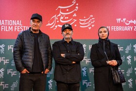 محیا دهقانی، مهران غفوریان و محسن قصابیان، بازیگر در فتوکال فیلم غوطهور در روز اول چهل و چهارمین جشنواره فیلم فجر