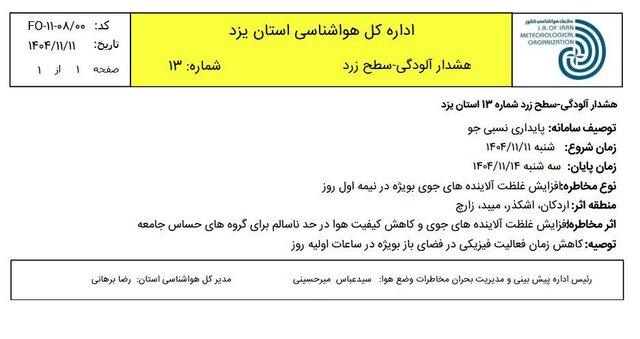 هواشناسی هشدار داد/هوای یزد آلوده می‌شود