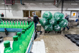 بطری های پلاستیکی بسته بندی شده برای پر شدن به دستگاه های مربوطه منتقل می شود