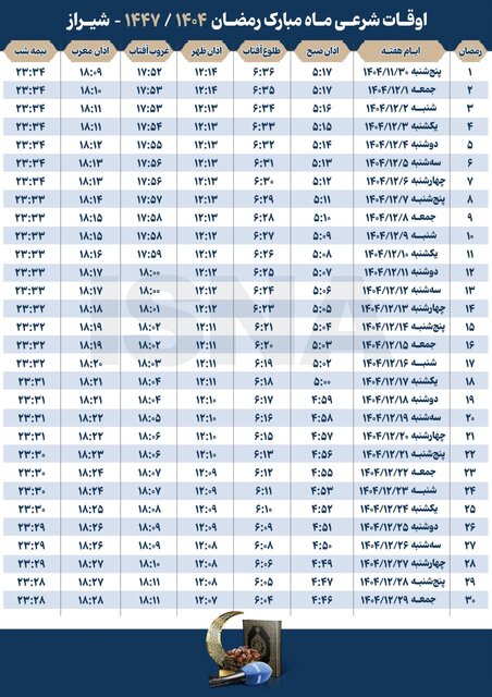 اوقات شرعی ماه مبارک رمضان ۱۴۰۴ شیراز