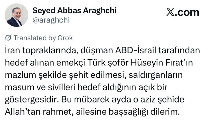 تسلیت عراقچی در پی شهادت شهروند ترکیه در جریان حمله آمریکایی ـ صهیونیستی به ایران