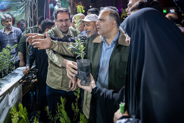 توزیع نهال در بین مردم توسط رضا افلاطونی، رئیس سازمان منابع طبیعی در حاشیه تجمع شبانه مردم در حمایت از مدافعان وطن - تهران