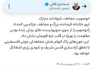 پیام سردار قاآنی در پی شهادت فرمانده گردان‌های عزالدین قسام