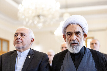 محسن قمی، معاون ارتباطات بین‌الملل دفتر رهبر جمهوری اسلامی و محمدجواد ظریف در مراسم بزرگداشت وزیران شهید امور خارجه