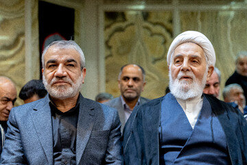 علی‌اکبر ناطق نوری و عباسعلی کدخدایی در مراسم سالگرد شهید سپهبد محمد باقری