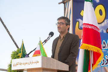 علی مبارکی، مدیر جهاد کشاورزی نیشابور در آیین جشن خرمن در روستای شفیع آباد نیشابور  