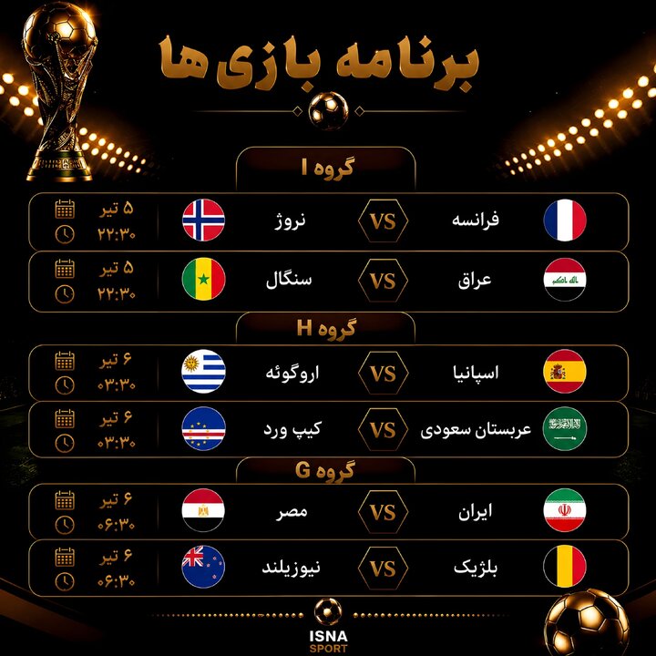 برنامه بازی‌های امشب جام جهانی/ یوزها مقابل فراعنه