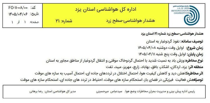 هشدار سطح زرد هواشناسی برای یزد؛ گردوخاک و کاهش کیفیت هوا
