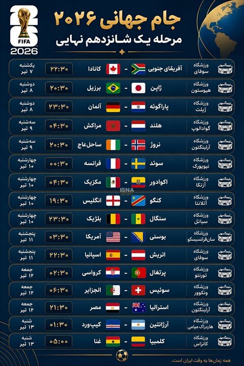 برنامه مرحله یک شانزدهم نهایی جام جهانی ۲۰۲۶ به وقت ایران