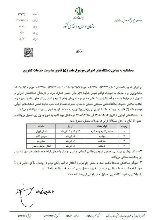 نحوه فعالیت ادارات دولتی در هفته آینده اعلام شد