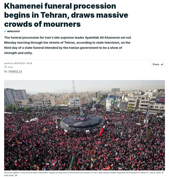 خروش وداع عظیم تهران با رهبر شهید انقلاب اسلامی در رسانههای جهان