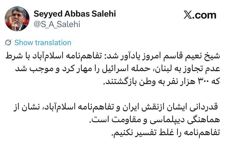 واکنش صالحی به اظهارات شیخ نعیم قاسم