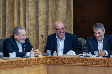 سردار حسین دهقان،رئیس بنیاد مستضعفان انقلاب اسلامی و سید عباس عراقچی، وزیر امور خارجه در مراسم تقدیر از فعالان مراسم اربعین با حضور معاون اول رئیس جمهور