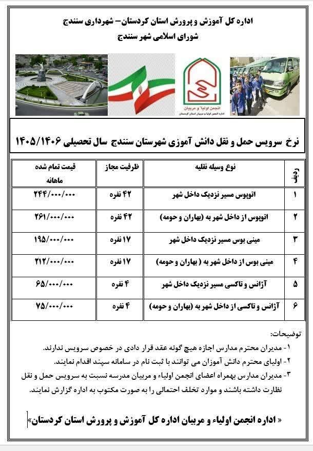 نرخ سرویس حمل‌ونقل دانش‌آموزی سنندج برای سال تحصیلی جدید اعلام شد