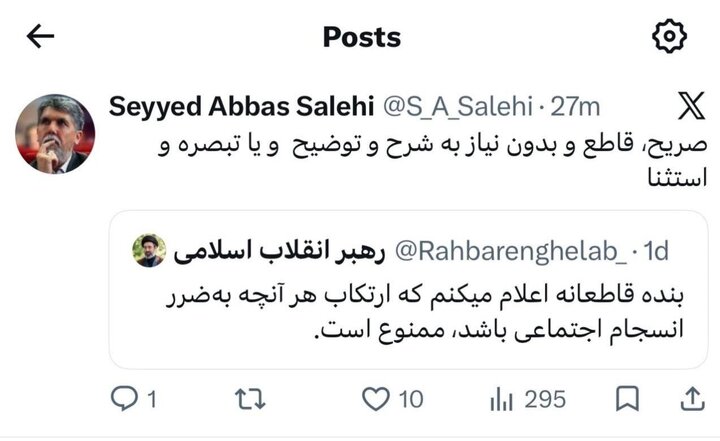 تأکید صالحی بر خط قرمز رهبر انقلاب