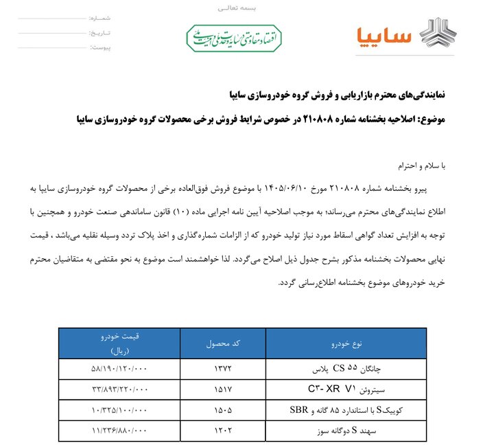 آماده // افزایش قیمت ۴ محصول سایپا در پی تغییر هزینه گواهی اسقاط