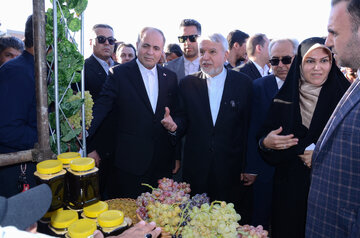 سیدرضا صالحی امیری وزیر میراث فرهنگی،گردشگری و صنایع دستی وغلامرضا نوری قزلجه وزیر جهاد کشاورزی در هشتمین جشنواره ملی انگور و دوشاب ملکان