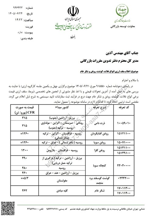 سقف ارزی واردات غلات، روغن، گوشت و شکر خام اعلام شد