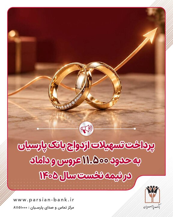 پرداخت تسهیلات ازدواج بانک پارسیان به حدود ۱۱هزار و ۵۰۰ عروس و داماد در نیمه نخست سال ۱۴۰۵