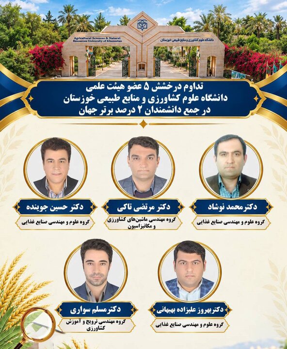 ۵ عضو هیات علمی دانشگاه کشاورزی خوزستان در جمع دانشمندان ۲ درصد برتر جهان 
