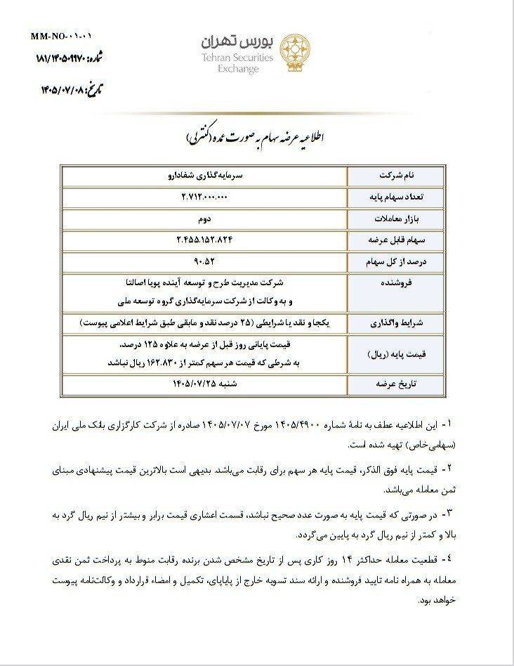 گام بزرگ بانک ملی برای خروج از بنگاهداری؛ «شفادارو» ۲۵ مهرماه در بورس عرضه میشود