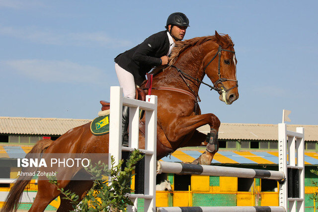 سوارکارانی که در پیست مشکلات اسب دوانی میکنند