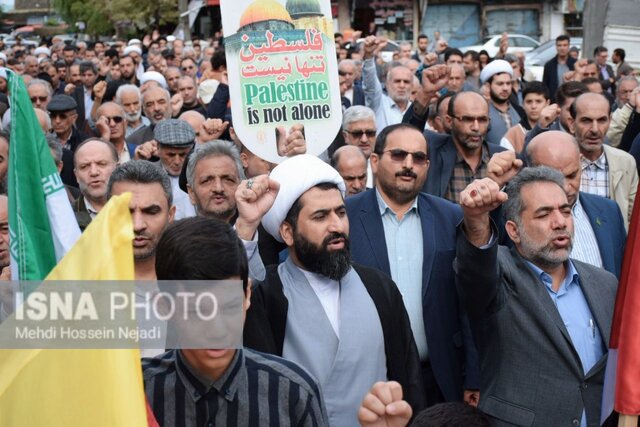 مردم آستارا در حمایت از مردم فلسطین ندای «مرگ بر اسرائیل» سر دادند + تصاویر