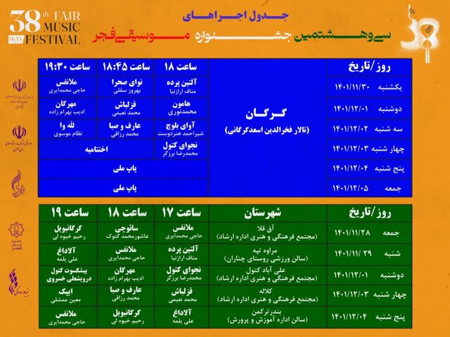 برنامه اجراهای سی‌وهشتمین جشنواره موسیقی فجر در گرگان