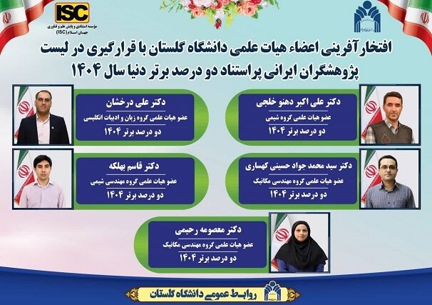 پنج عضو هیئت علمی دانشگاه گلستان در فهرست دانشمندان ۲ درصد برتر جهان