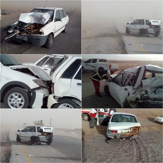 طوفان شن منجر به برخورد زنجیرهای ۲۰ خودرو در جاده فریمان-تربتجام شد طوفان شن منجر به برخورد زنجیرهای ۲۰ خودرو در جاده فریمان-تربتجام شد