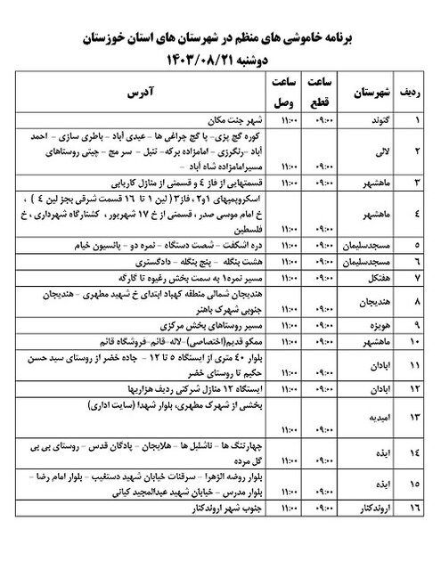 برنامه زمان‌بندی خاموشی‌های برق شهرهای خوزستان در روز دوشنبه