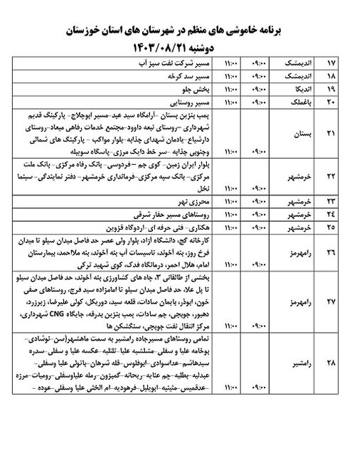 برنامه زمانبندی خاموشیهای برق شهرهای خوزستان در روز دوشنبه