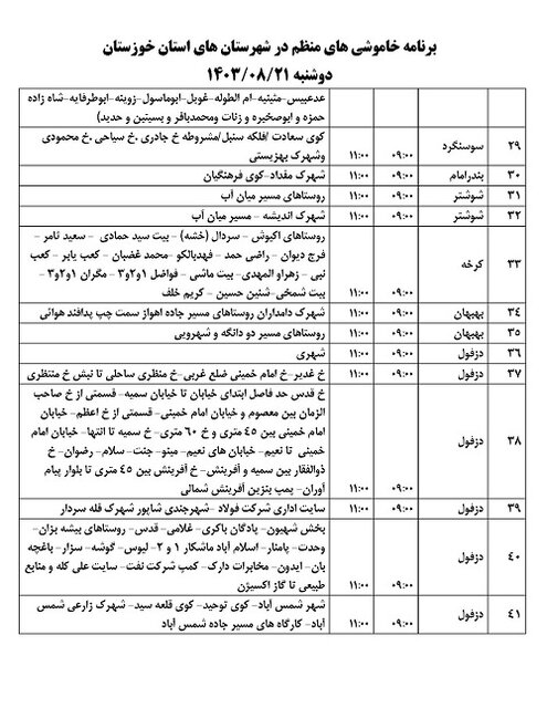 برنامه زمان‌بندی خاموشی‌های برق شهرهای خوزستان در روز دوشنبه